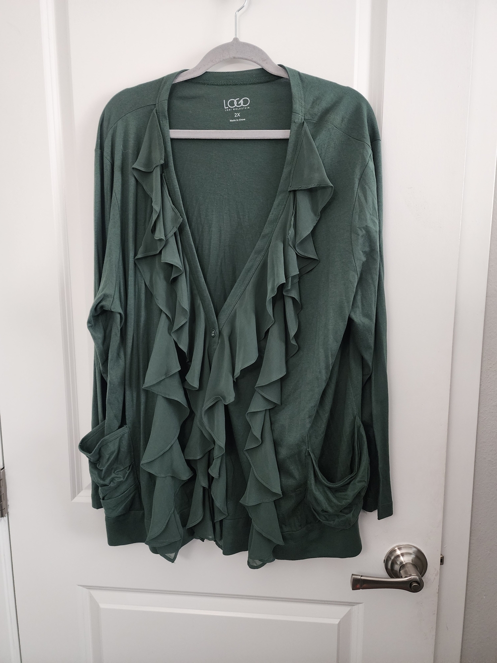LOGO by Lori Goldstein Olive Green Ruffle-Front Cardigan